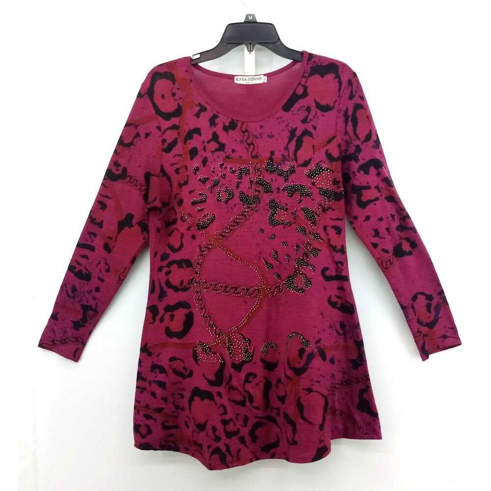 Casa Donna Blouse Womens Large Dark Magenta Beaded Rope Animal Print Knit Top